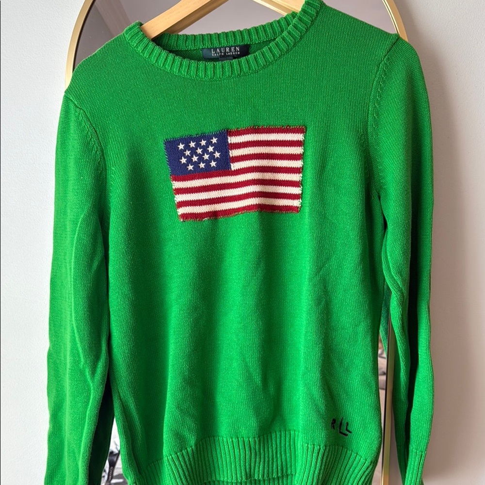 Ralph Lauren American Flag Knit Vibrant Green Knit Sweater XL (fits like L)